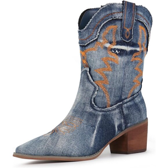 Women's Blue Embroidered Stitched Rodeo Boots Pointed Toe Chunky Block Heel - Picture 1 of 6